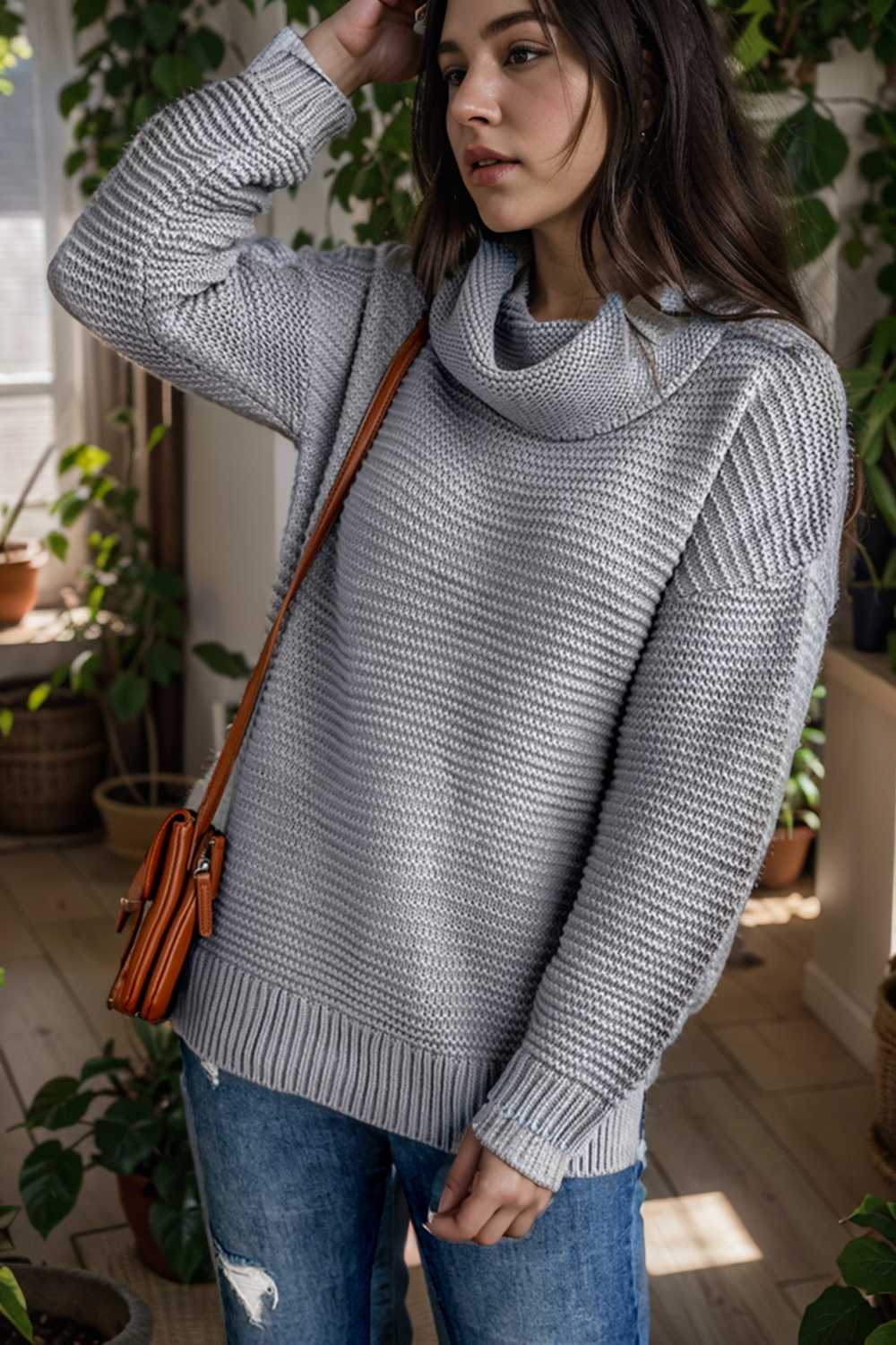 casual chunky knit mock neck long sleeve split pullover sweater 105923