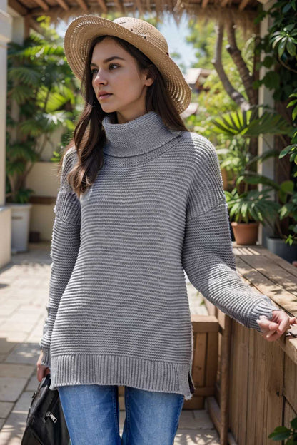 casual chunky knit mock neck long sleeve split pullover sweater 105596