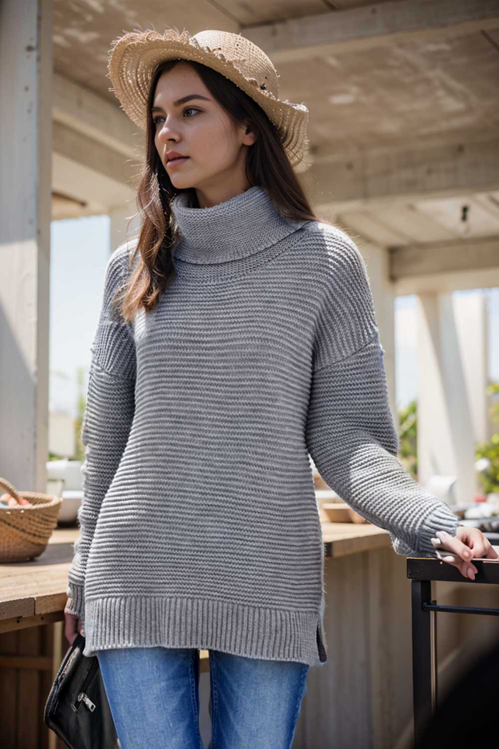 casual chunky knit mock neck long sleeve split pullover sweater 109076