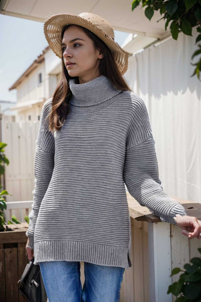 casual chunky knit mock neck long sleeve split pullover sweater 106668