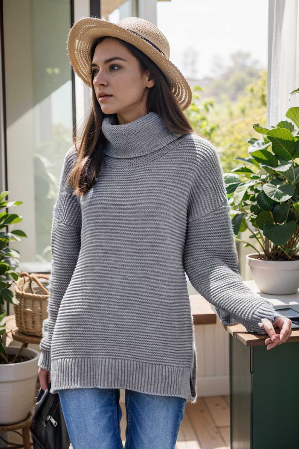 casual chunky knit mock neck long sleeve split pullover sweater 105921