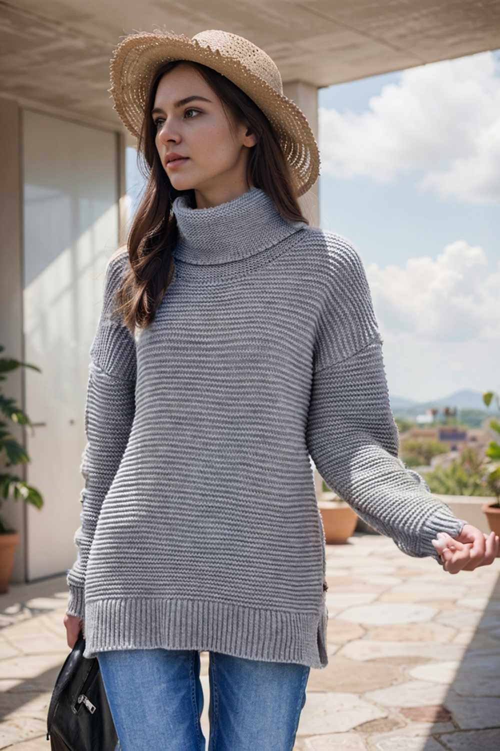 casual chunky knit mock neck long sleeve split pullover sweater 106667