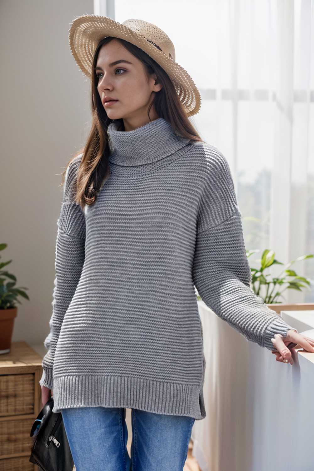 casual chunky knit mock neck long sleeve split pullover sweater 109075