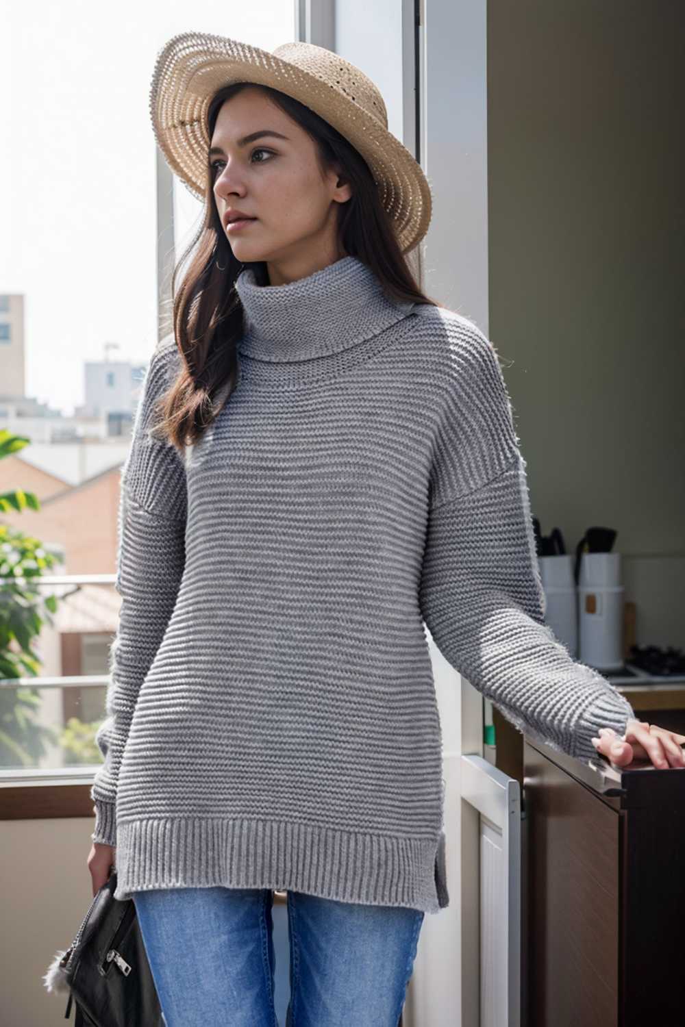 casual chunky knit mock neck long sleeve split pullover sweater 105919