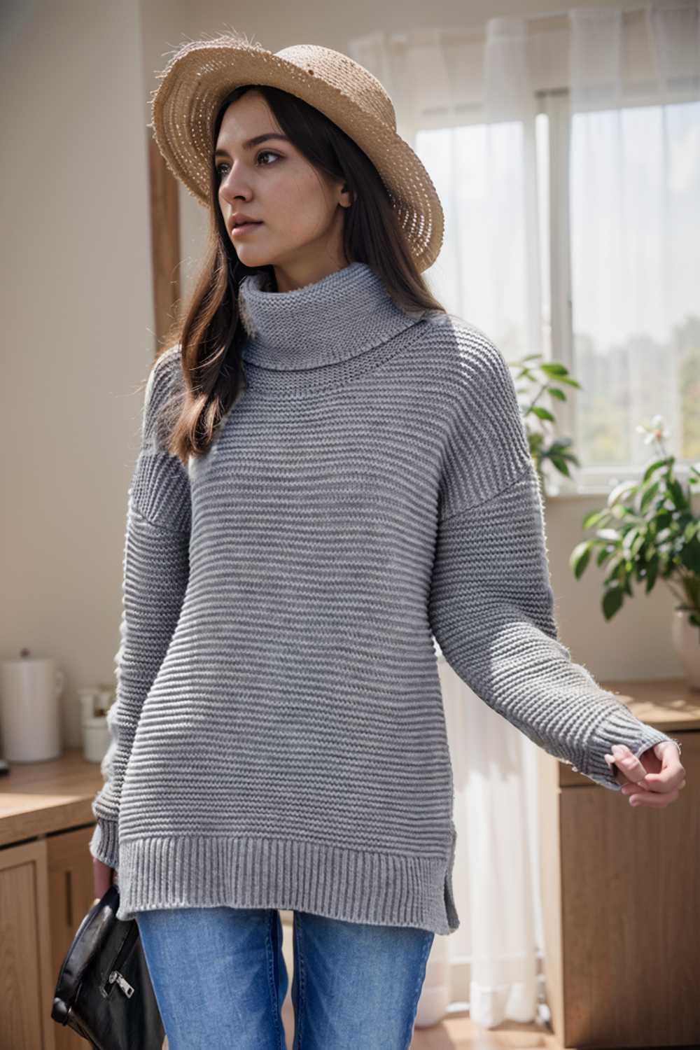casual chunky knit mock neck long sleeve split pullover sweater 105916