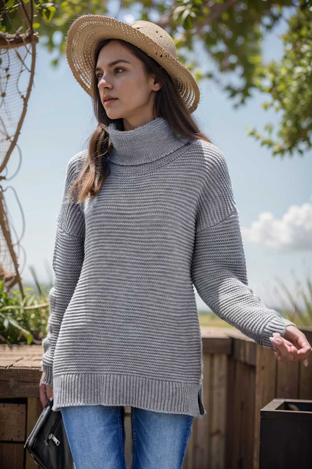 casual chunky knit mock neck long sleeve split pullover sweater 105911