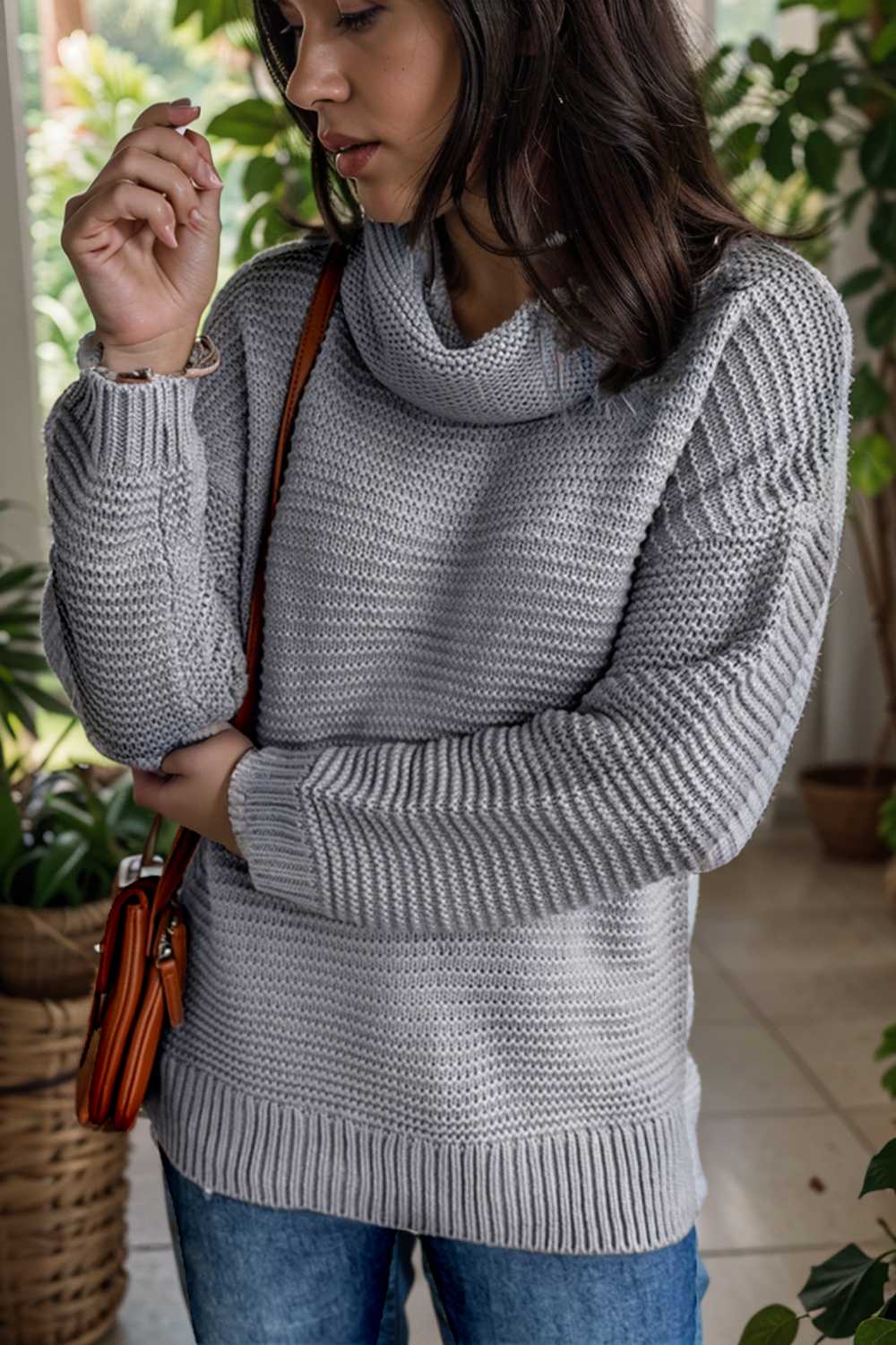 casual chunky knit mock neck long sleeve split pullover sweater 105907