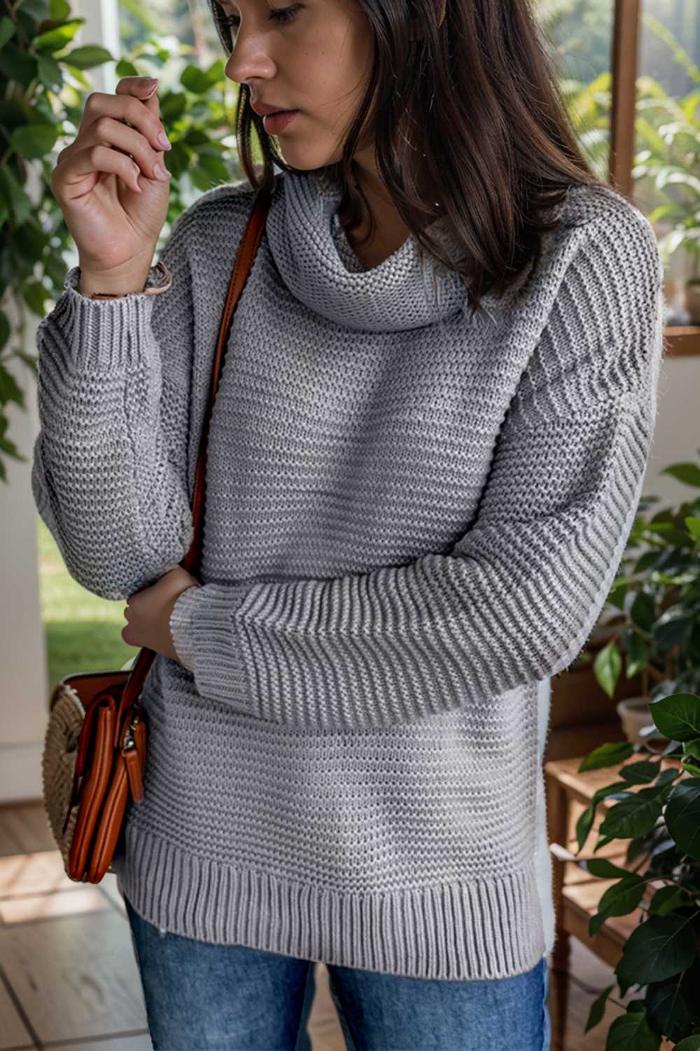 casual chunky knit mock neck long sleeve split pullover sweater 109074