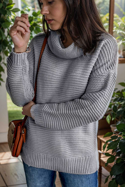 casual chunky knit mock neck long sleeve split pullover sweater 109074