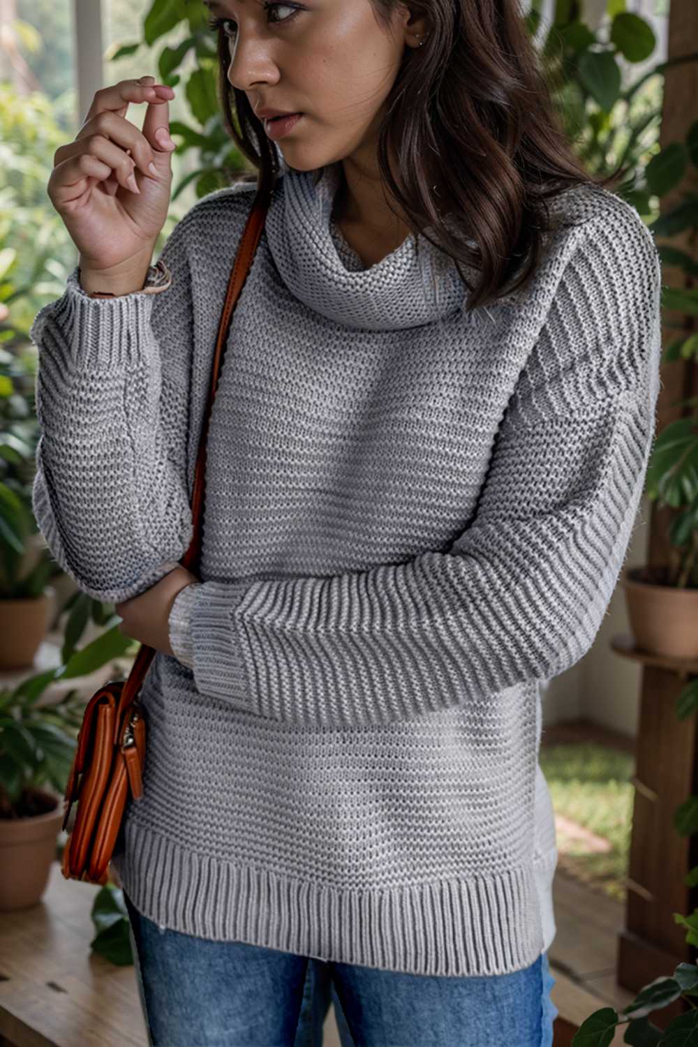 casual chunky knit mock neck long sleeve split pullover sweater 105905