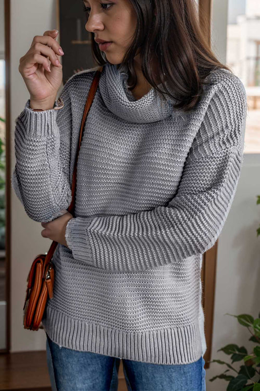 casual chunky knit mock neck long sleeve split pullover sweater 105904