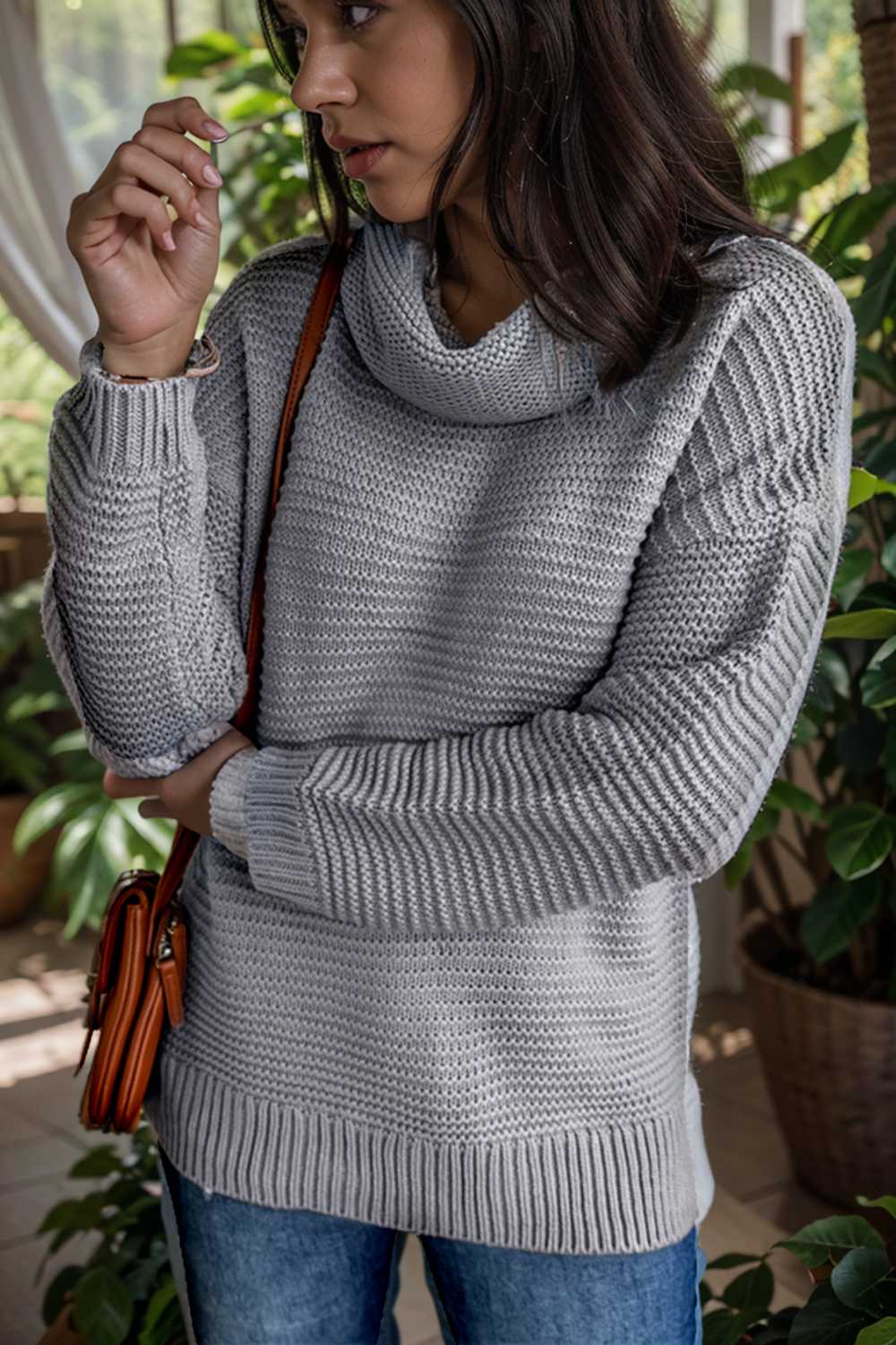 casual chunky knit mock neck long sleeve split pullover sweater 105903