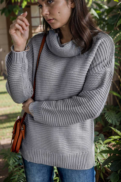 casual chunky knit mock neck long sleeve split pullover sweater 111662
