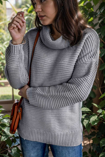 casual chunky knit mock neck long sleeve split pullover sweater 105902