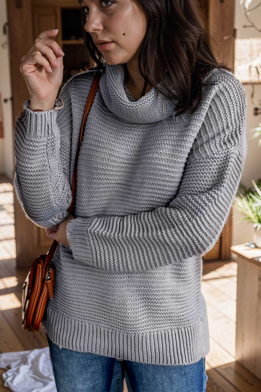 casual chunky knit mock neck long sleeve split pullover sweater 111661