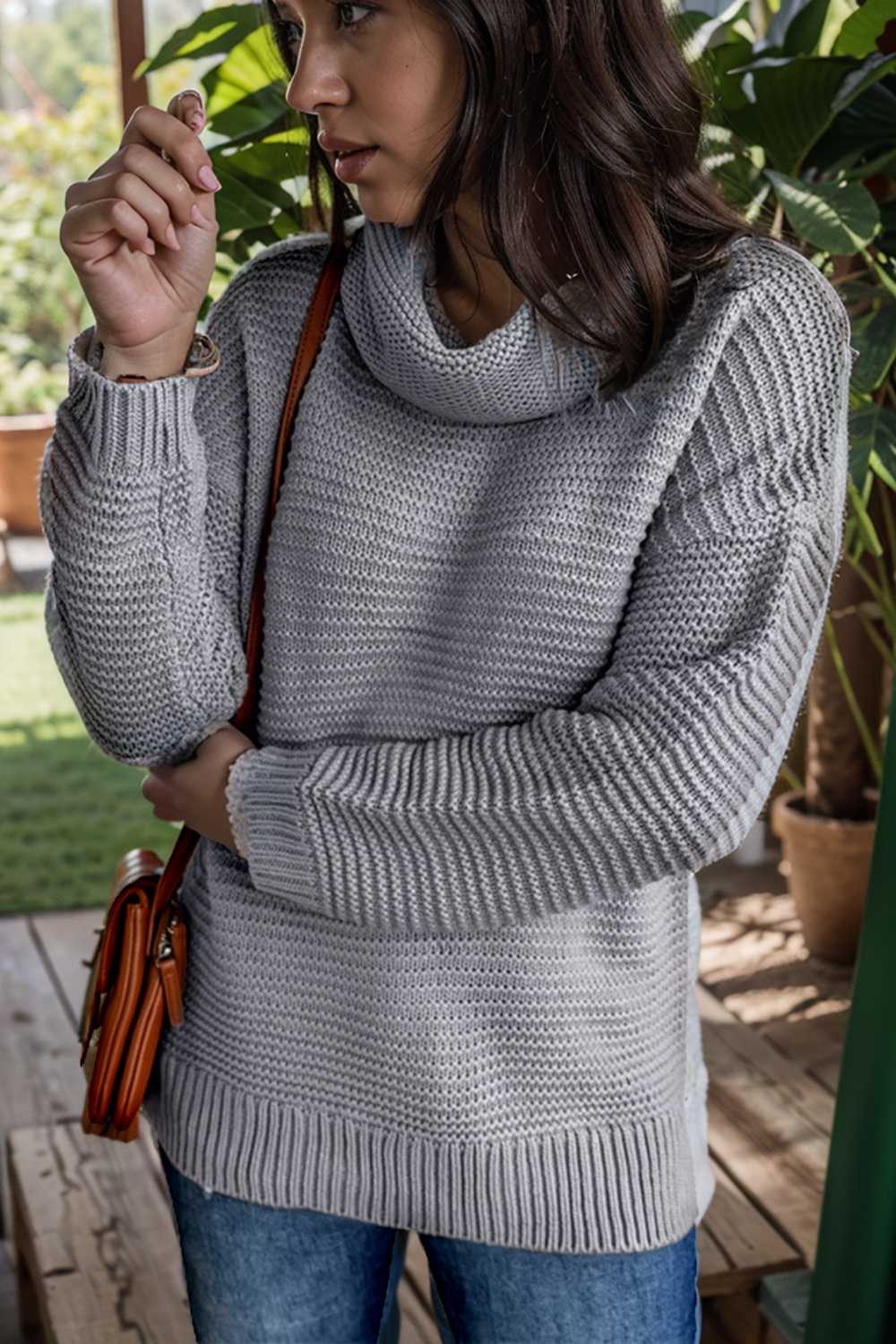 casual chunky knit mock neck long sleeve split pullover sweater 105901