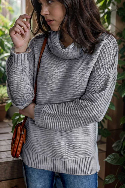 casual chunky knit mock neck long sleeve split pullover sweater 105900