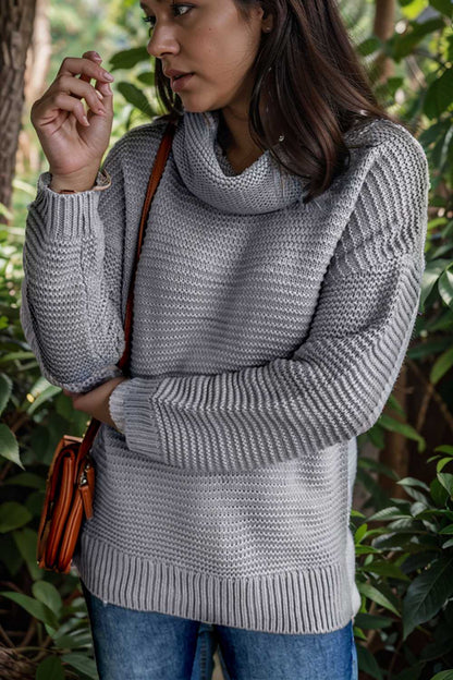 casual chunky knit mock neck long sleeve split pullover sweater 105898