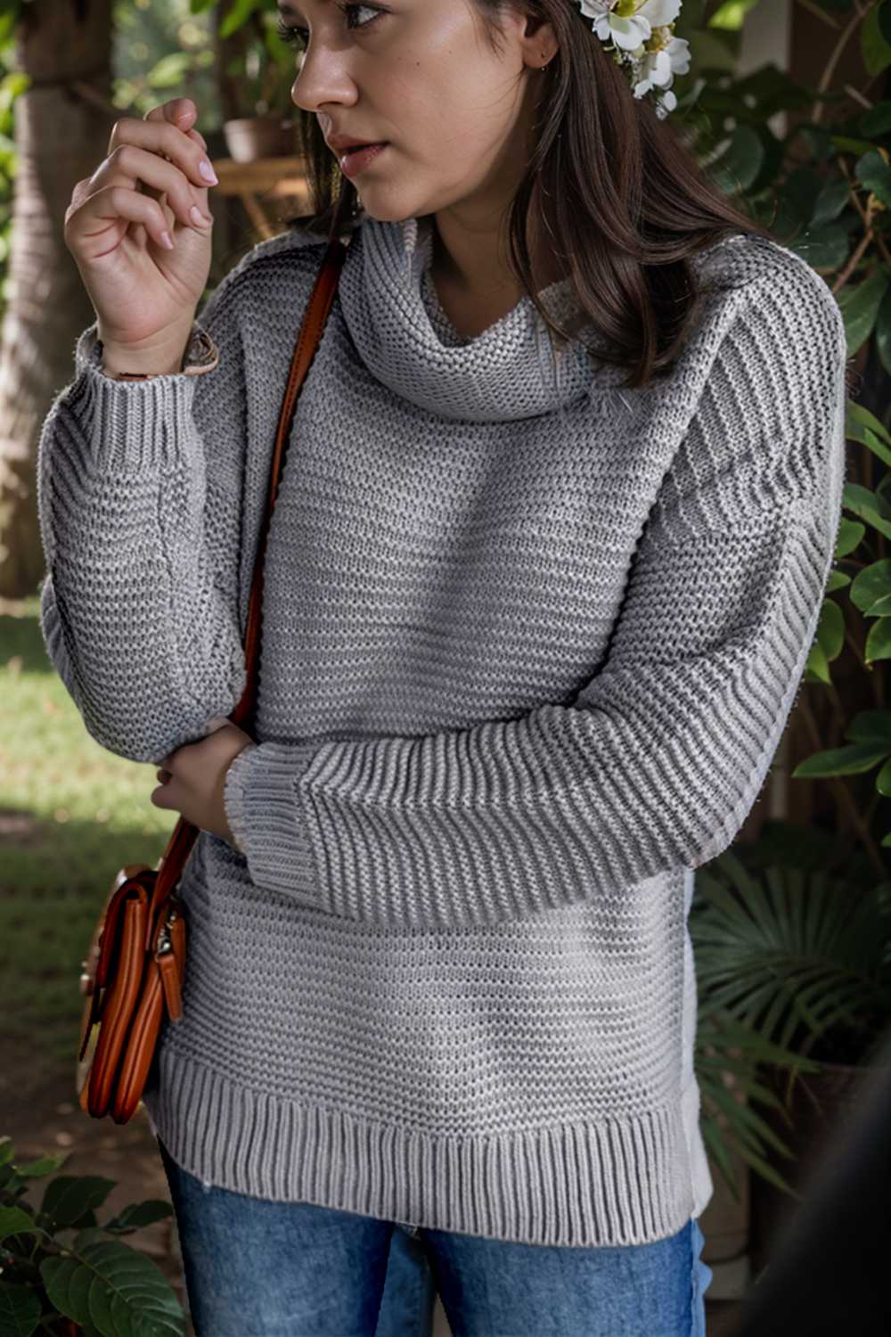 casual chunky knit mock neck long sleeve split pullover sweater 105896