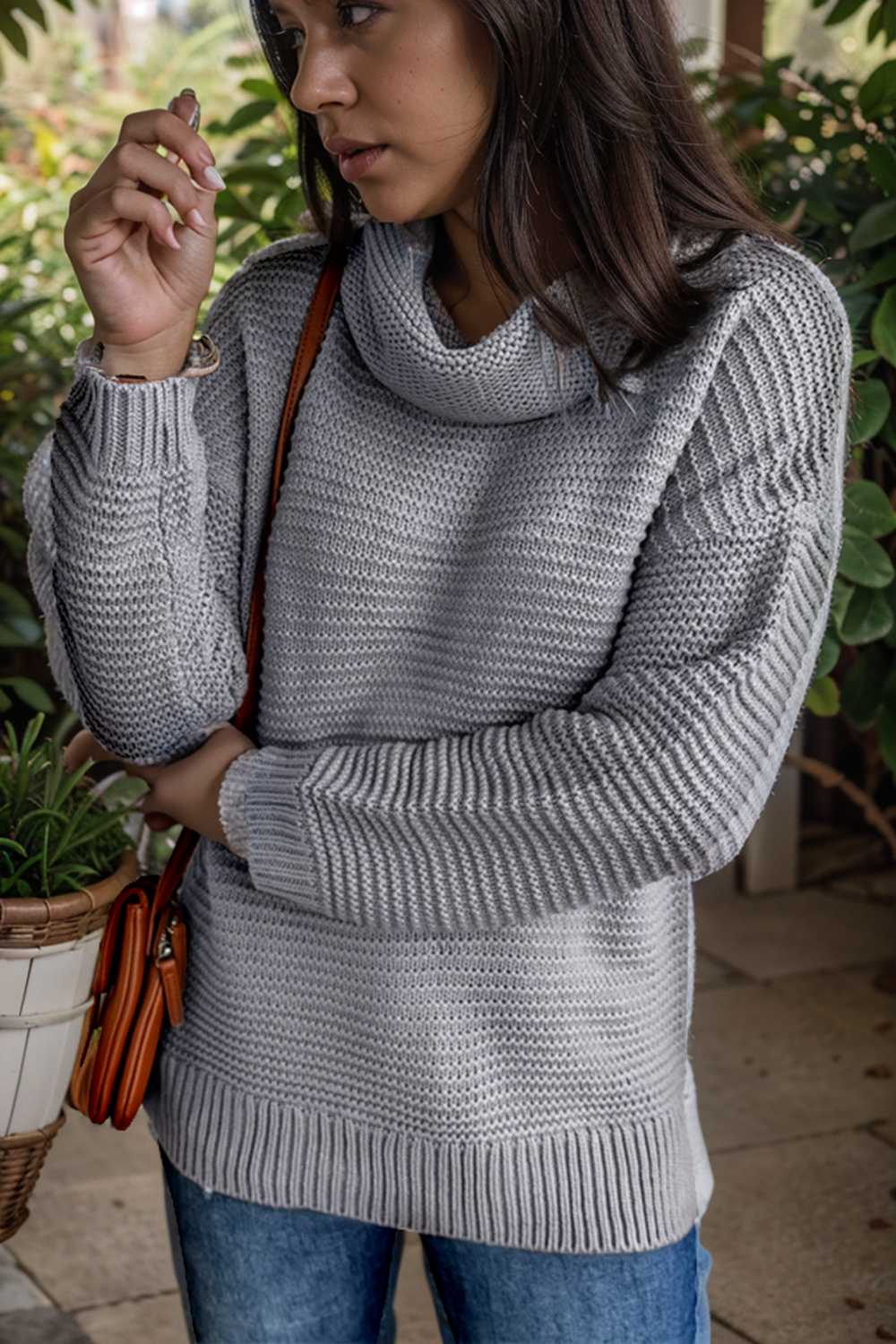 casual chunky knit mock neck long sleeve split pullover sweater 105895