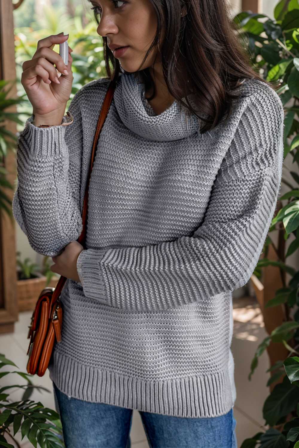 casual chunky knit mock neck long sleeve split pullover sweater 105894