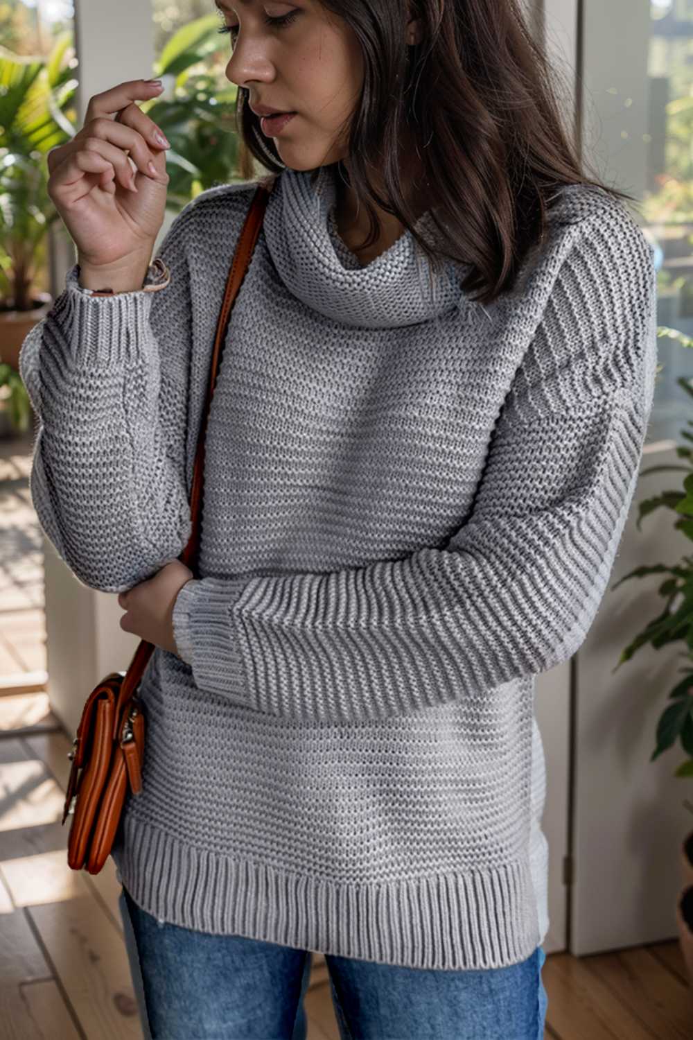 casual chunky knit mock neck long sleeve split pullover sweater 105892