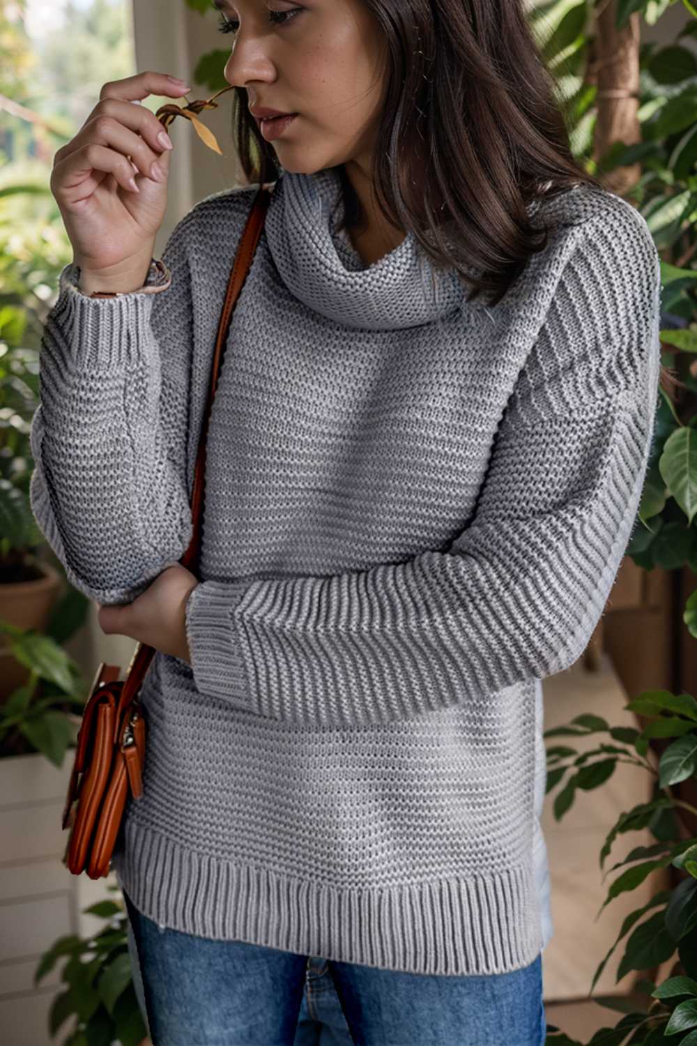 casual chunky knit mock neck long sleeve split pullover sweater 105891