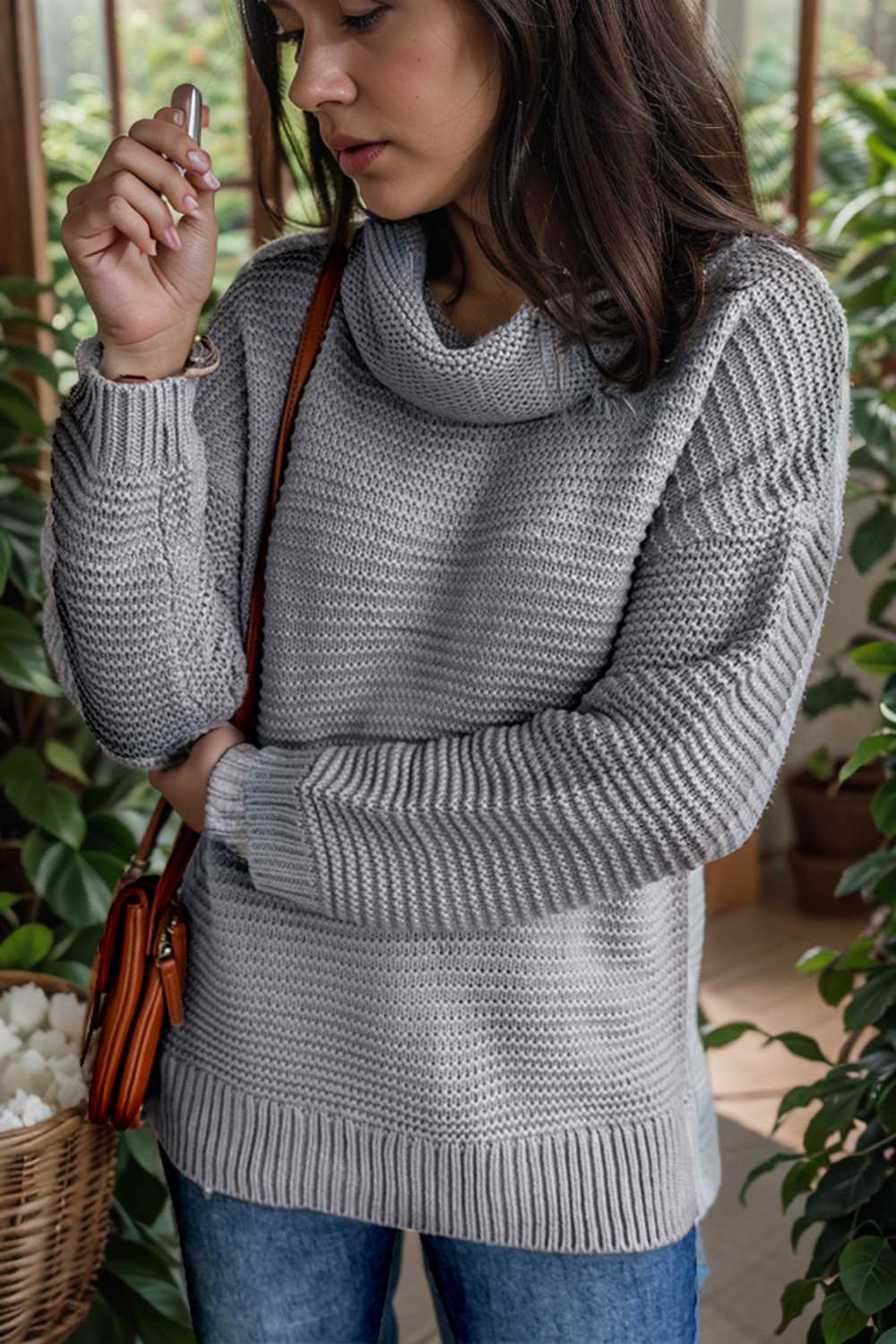 casual chunky knit mock neck long sleeve split pullover sweater 105890