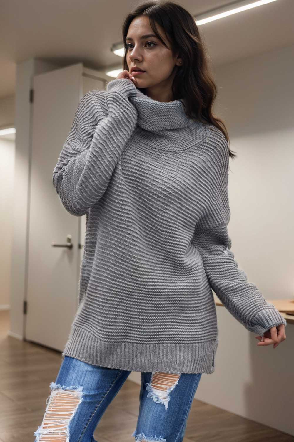 casual chunky knit mock neck long sleeve split pullover sweater 111660