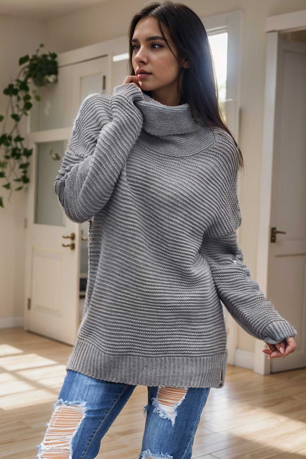 casual chunky knit mock neck long sleeve split pullover sweater 105594