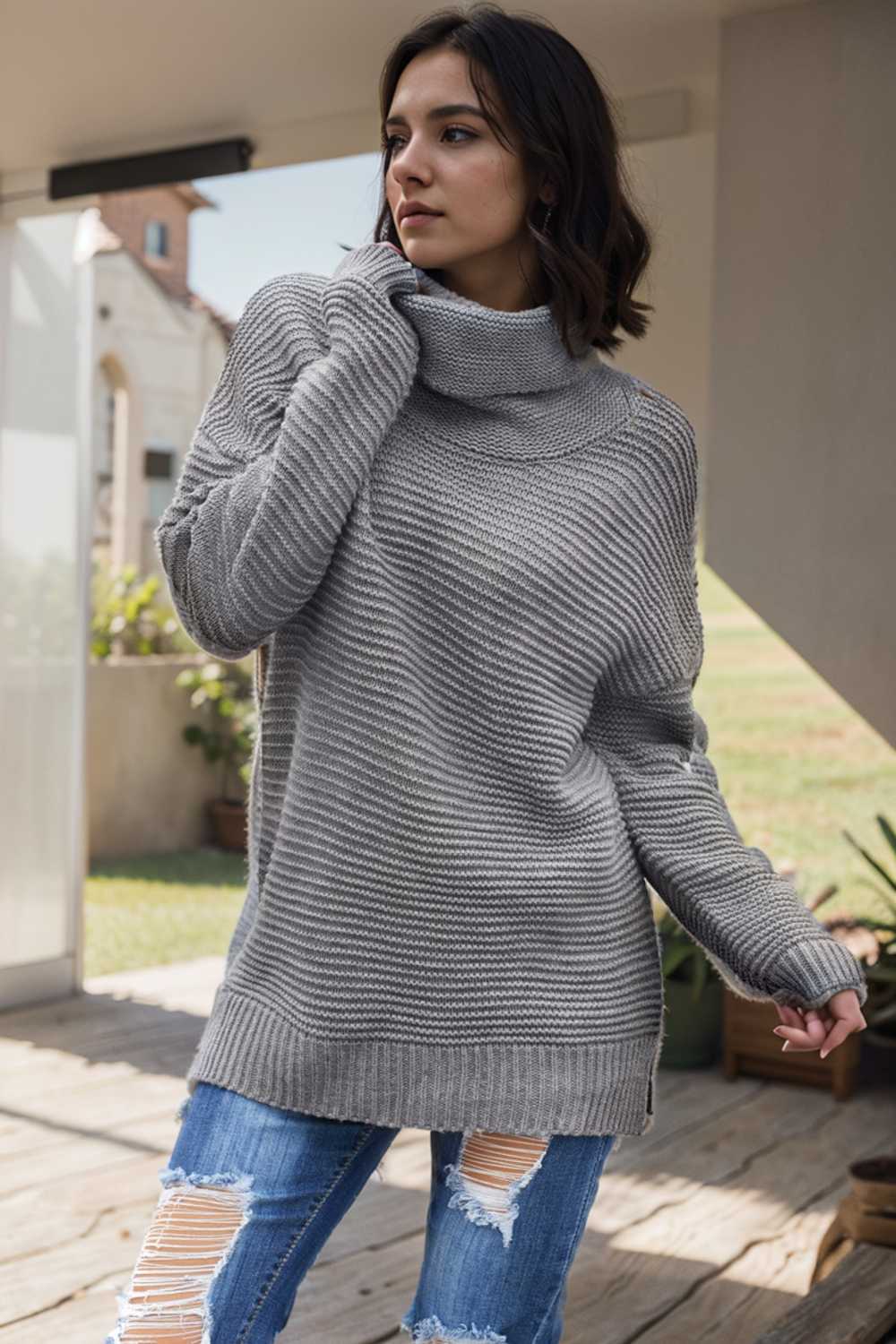 casual chunky knit mock neck long sleeve split pullover sweater 107215