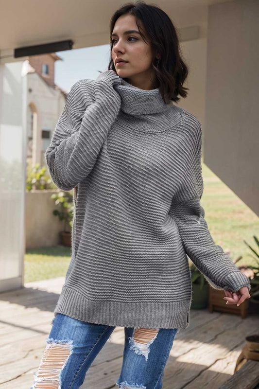 casual chunky knit mock neck long sleeve split pullover sweater 107215
