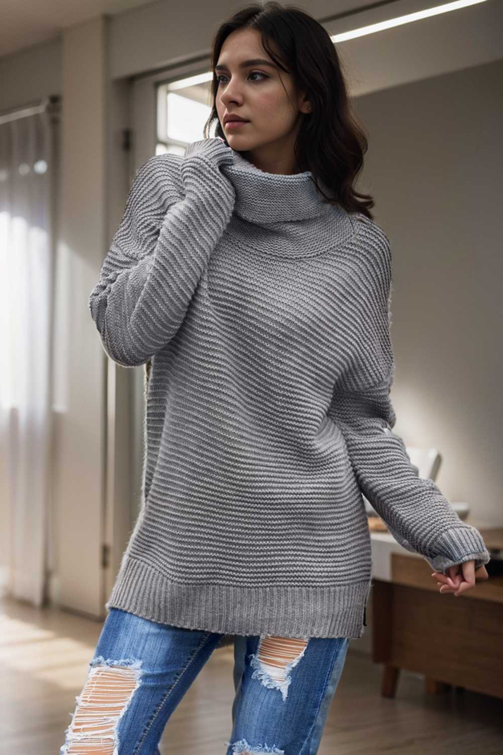casual chunky knit mock neck long sleeve split pullover sweater 105887