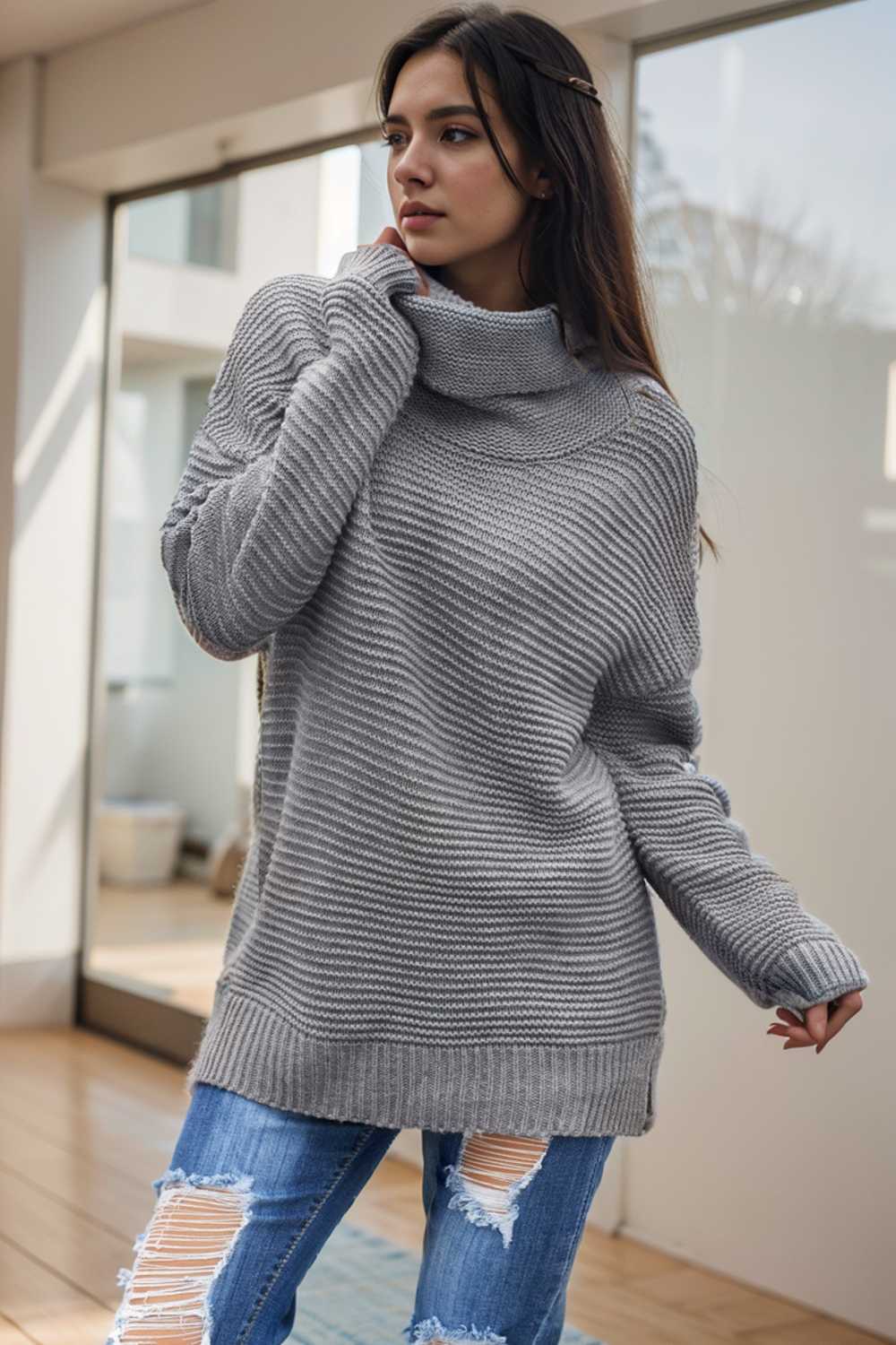 casual chunky knit mock neck long sleeve split pullover sweater 105885