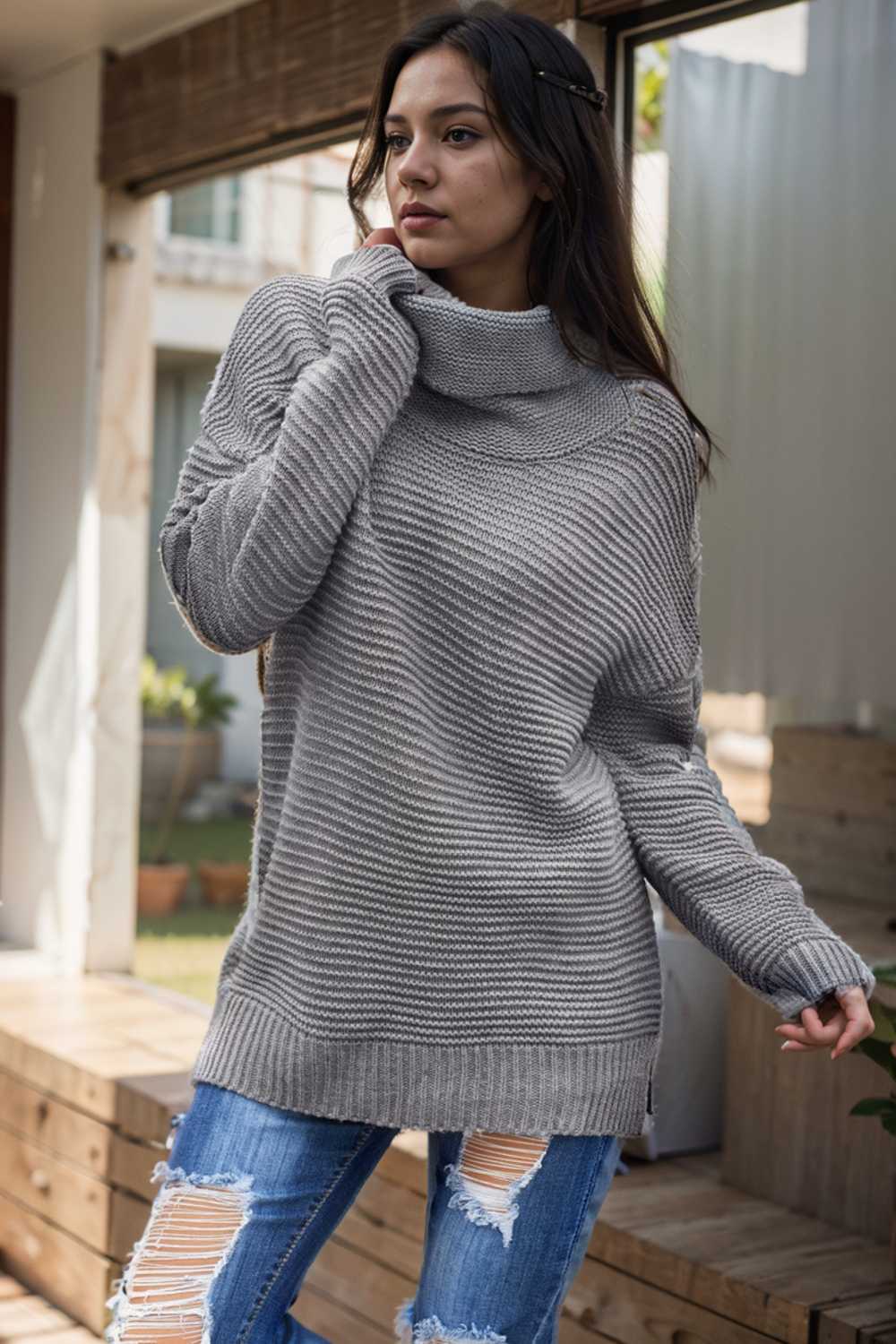 casual chunky knit mock neck long sleeve split pullover sweater 111657