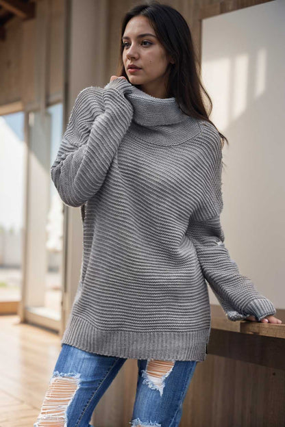 casual chunky knit mock neck long sleeve split pullover sweater 111654