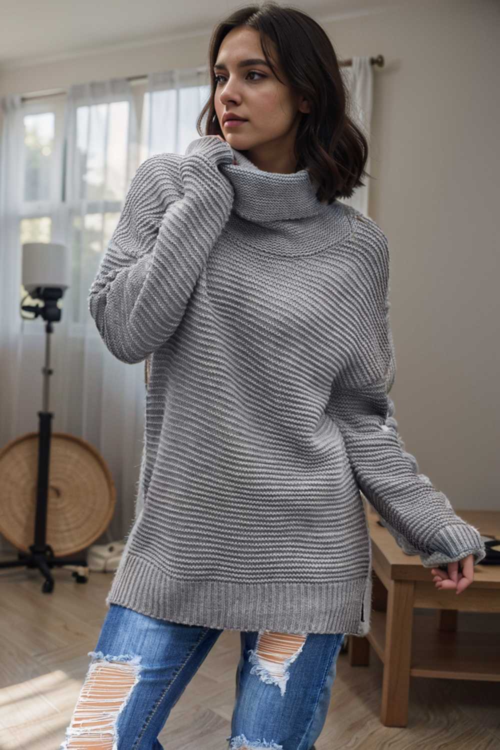 casual chunky knit mock neck long sleeve split pullover sweater 105881