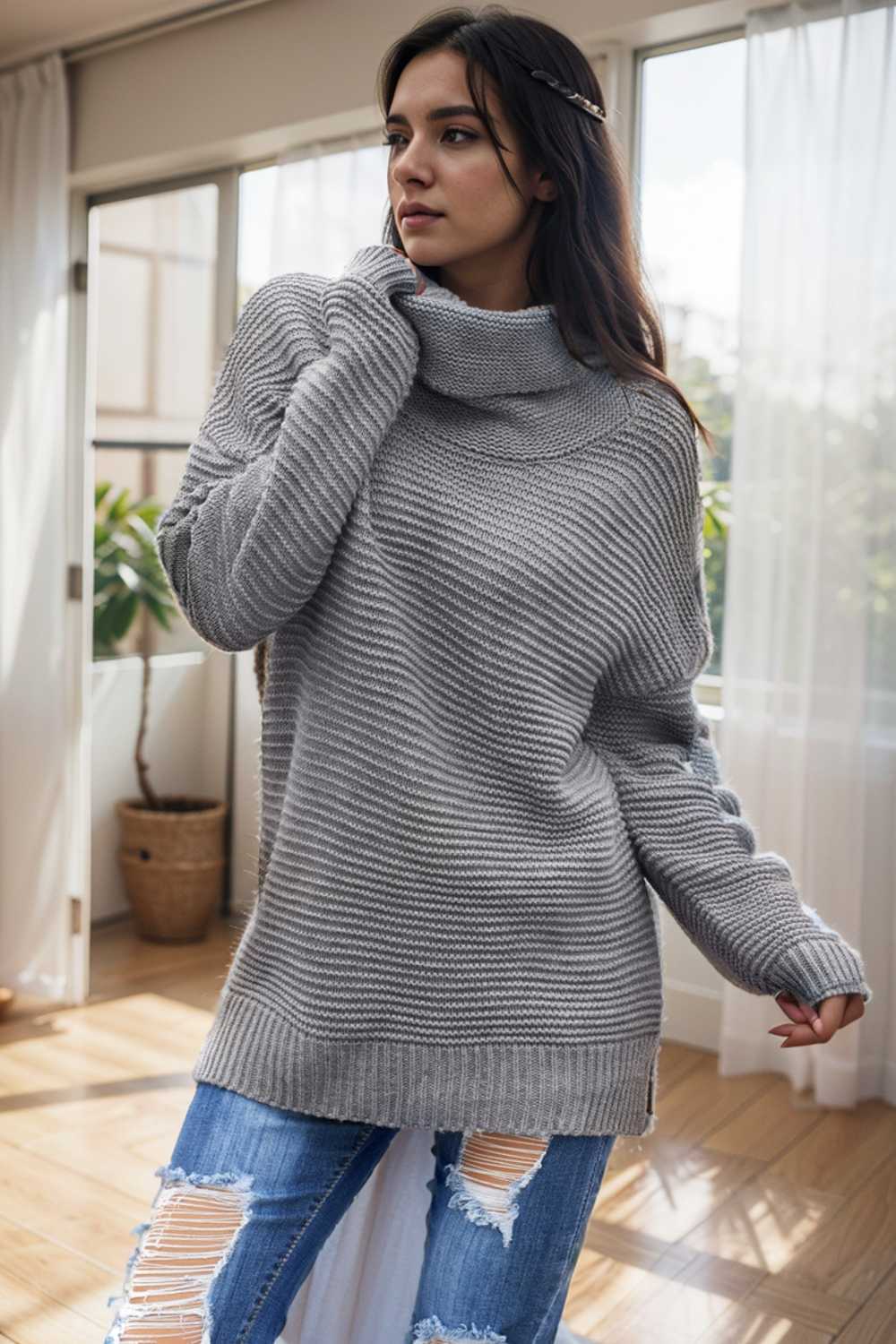 casual chunky knit mock neck long sleeve split pullover sweater 105879