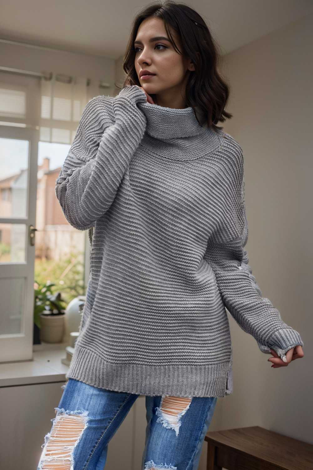 casual chunky knit mock neck long sleeve split pullover sweater 105878