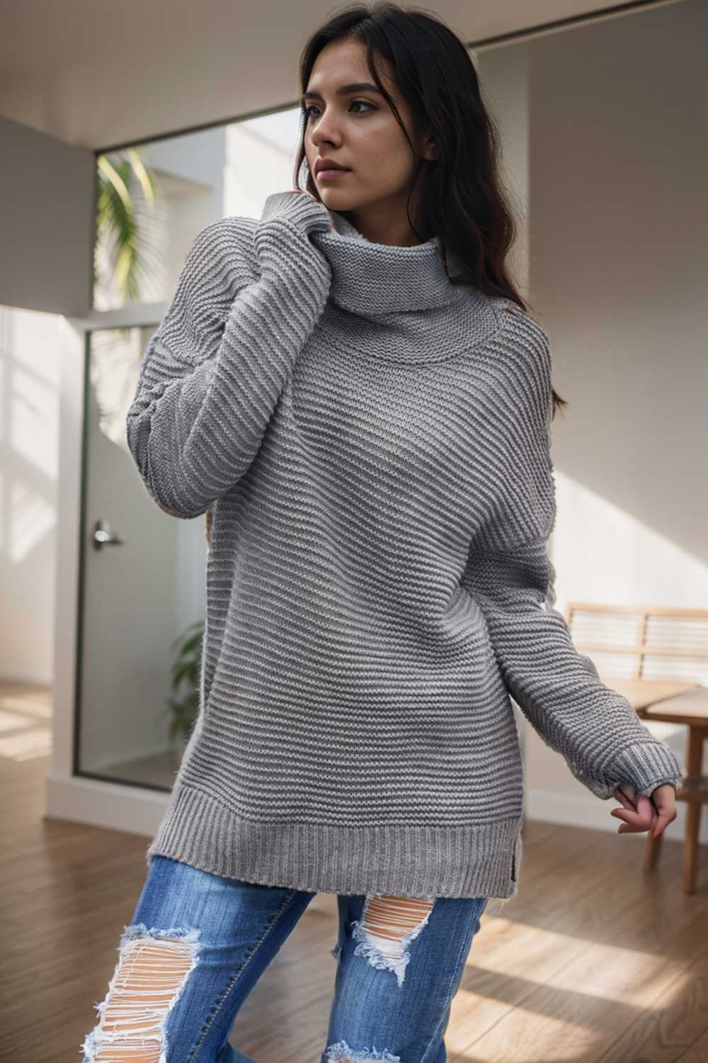 casual chunky knit mock neck long sleeve split pullover sweater 105877