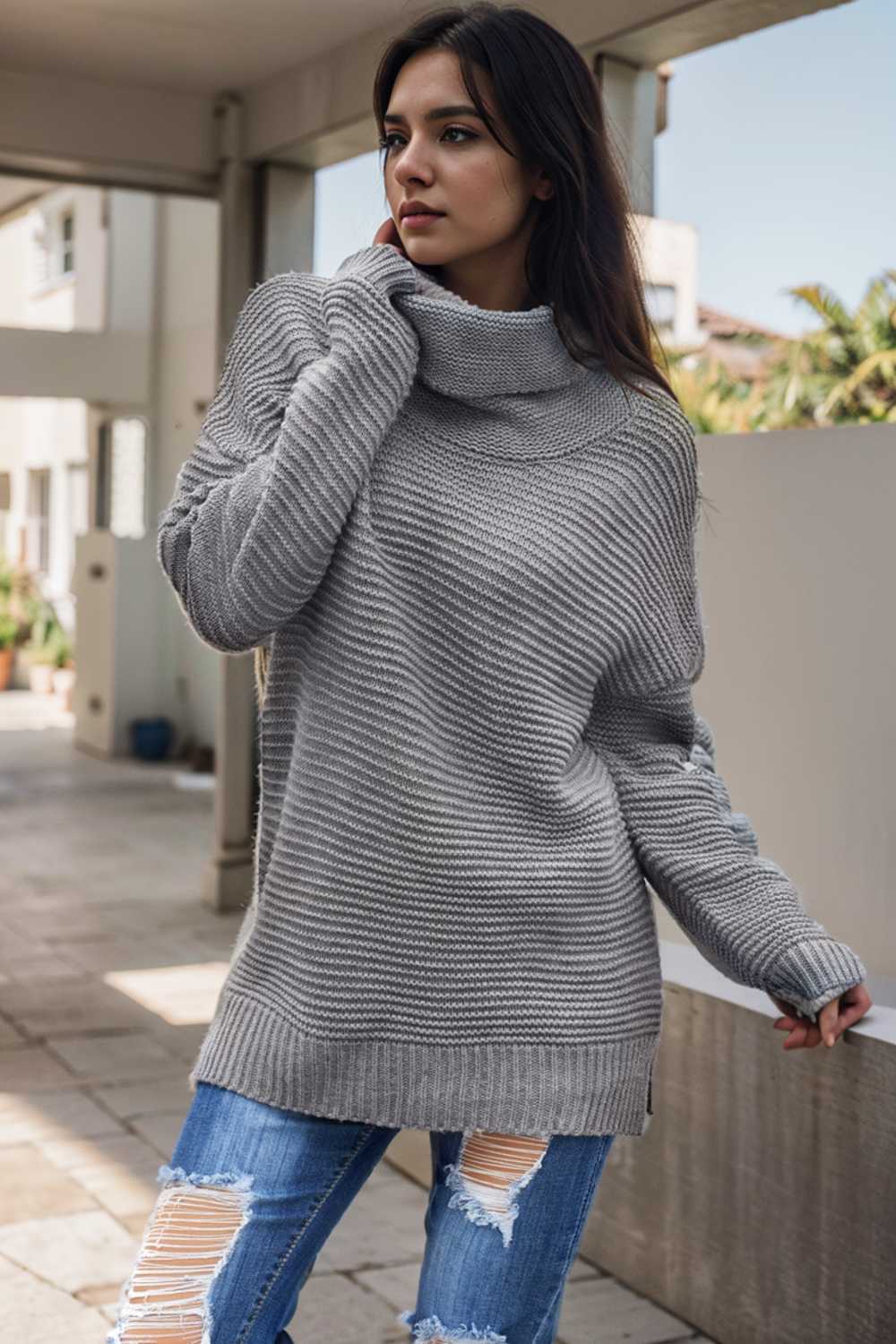 casual chunky knit mock neck long sleeve split pullover sweater 105875