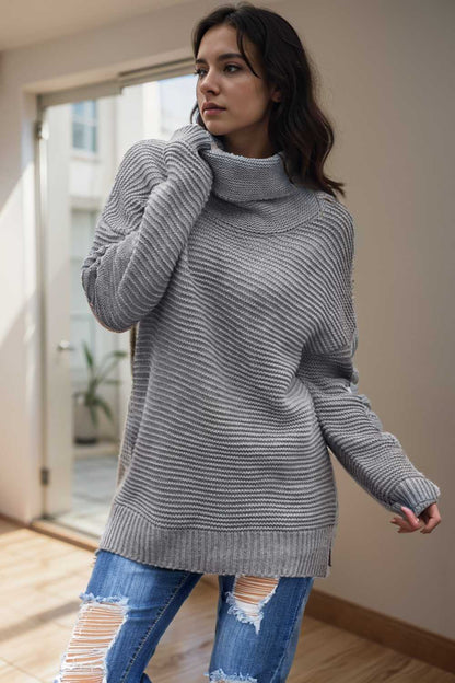 casual chunky knit mock neck long sleeve split pullover sweater 105874