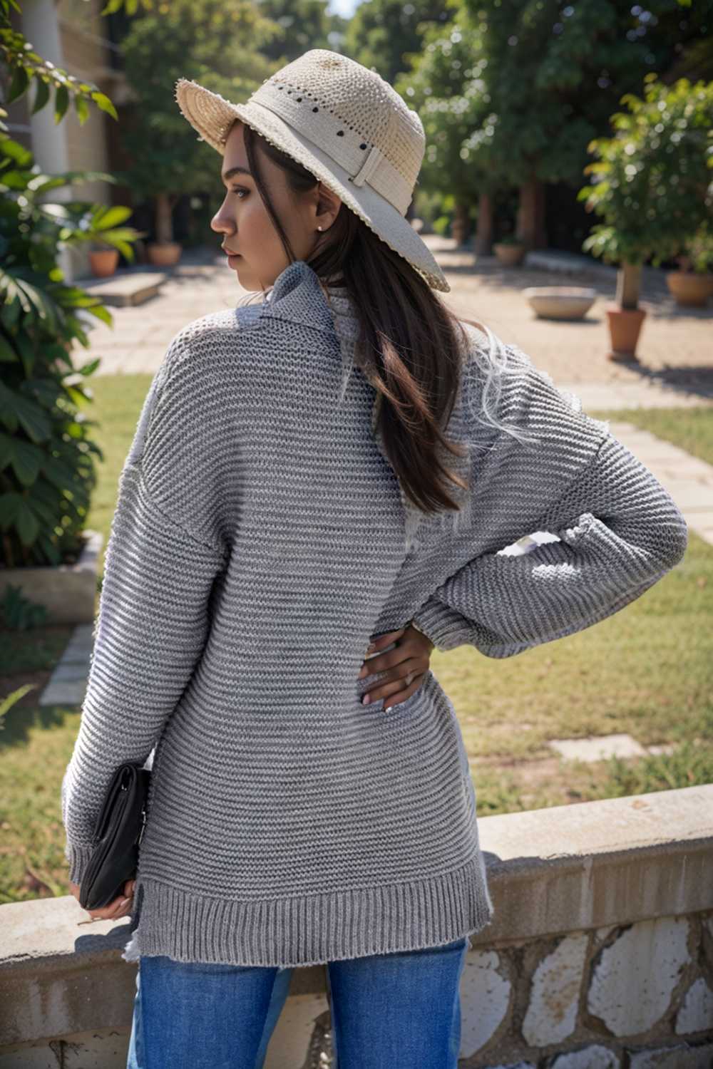 casual chunky knit mock neck long sleeve split pullover sweater 104901
