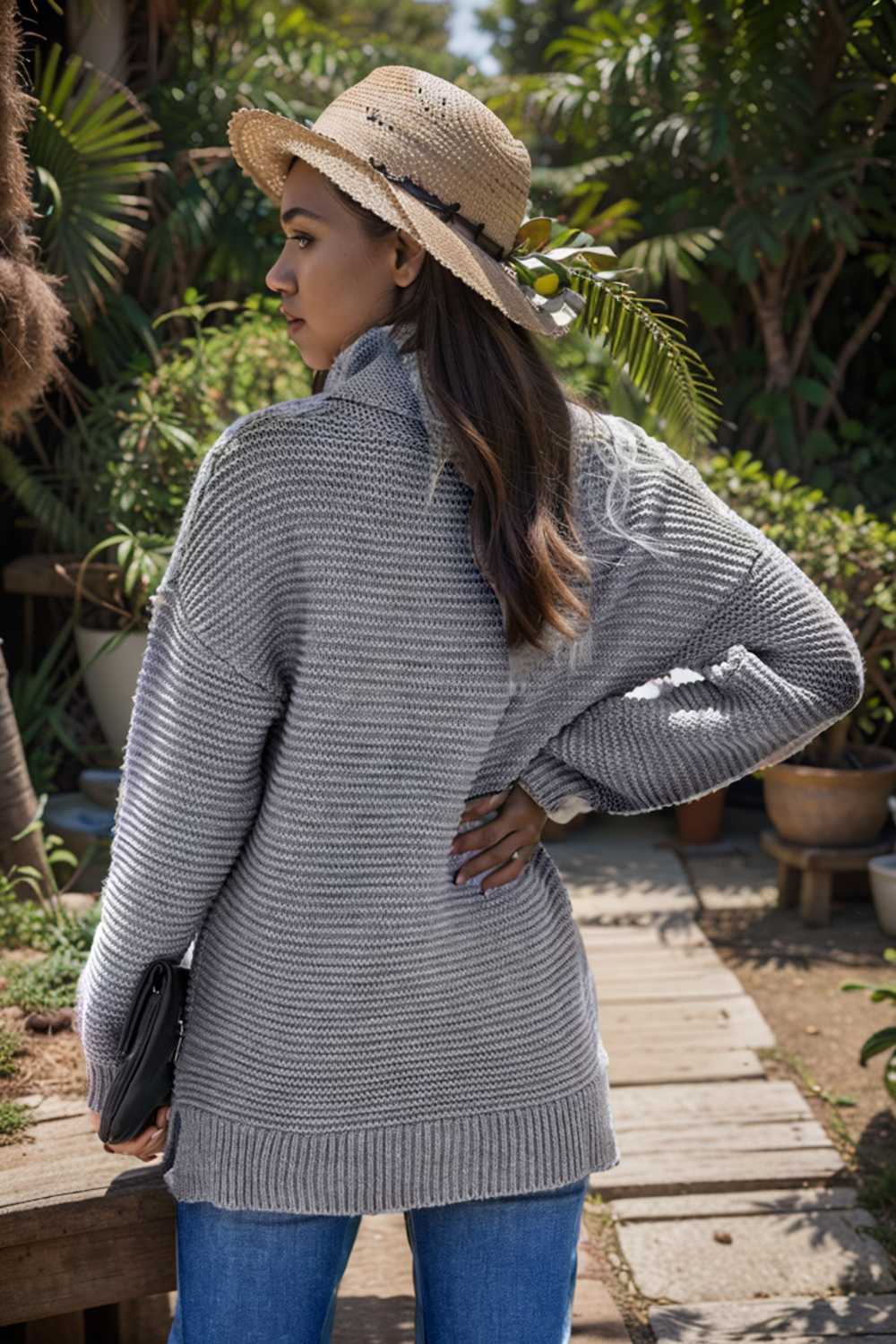 casual chunky knit mock neck long sleeve split pullover sweater 106128