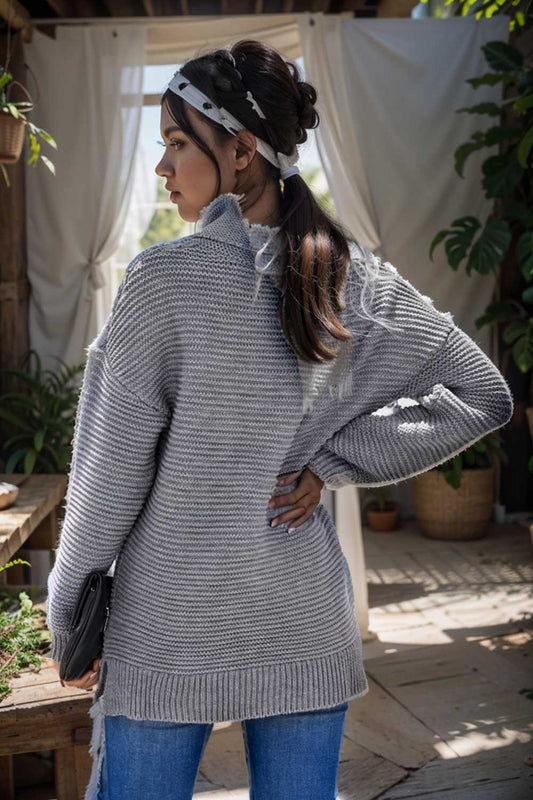 casual chunky knit mock neck long sleeve split pullover sweater 112742
