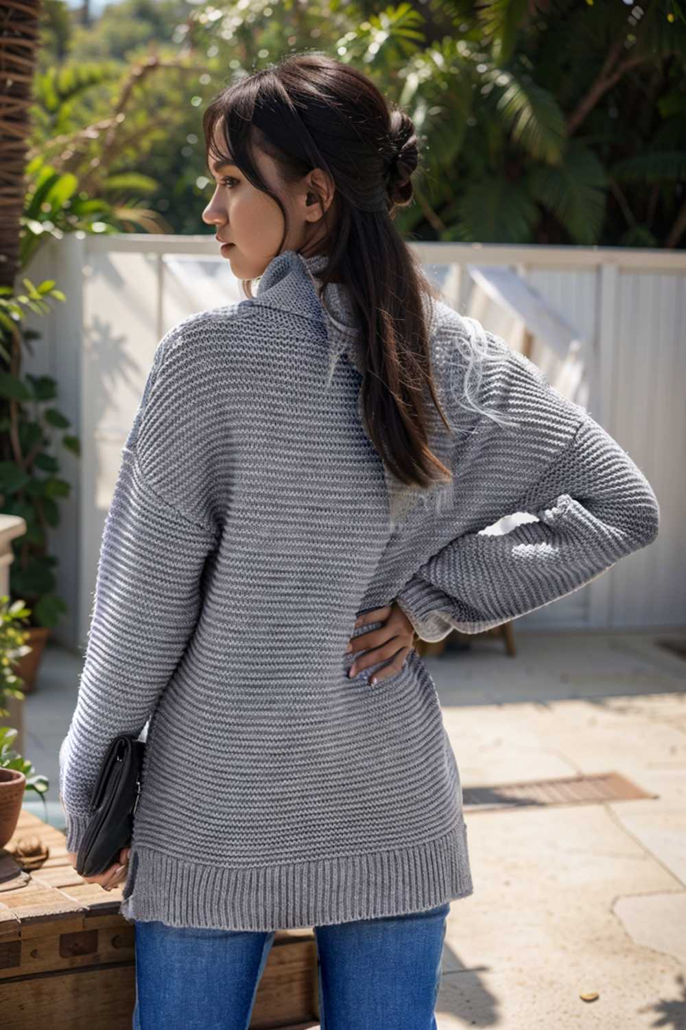 casual chunky knit mock neck long sleeve split pullover sweater 105873