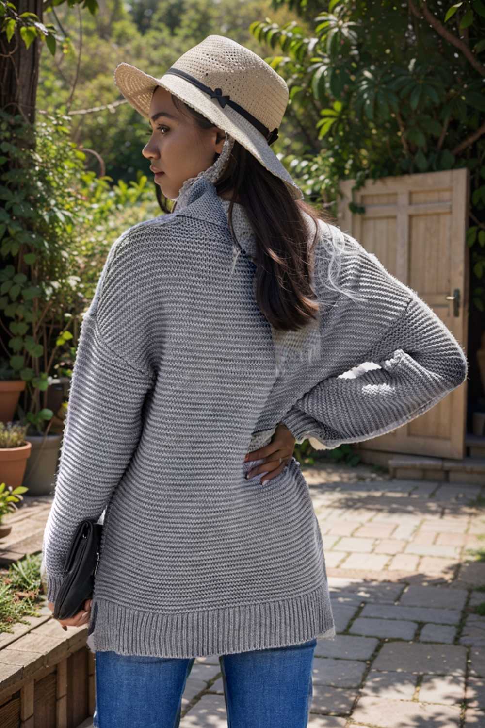 casual chunky knit mock neck long sleeve split pullover sweater 105872