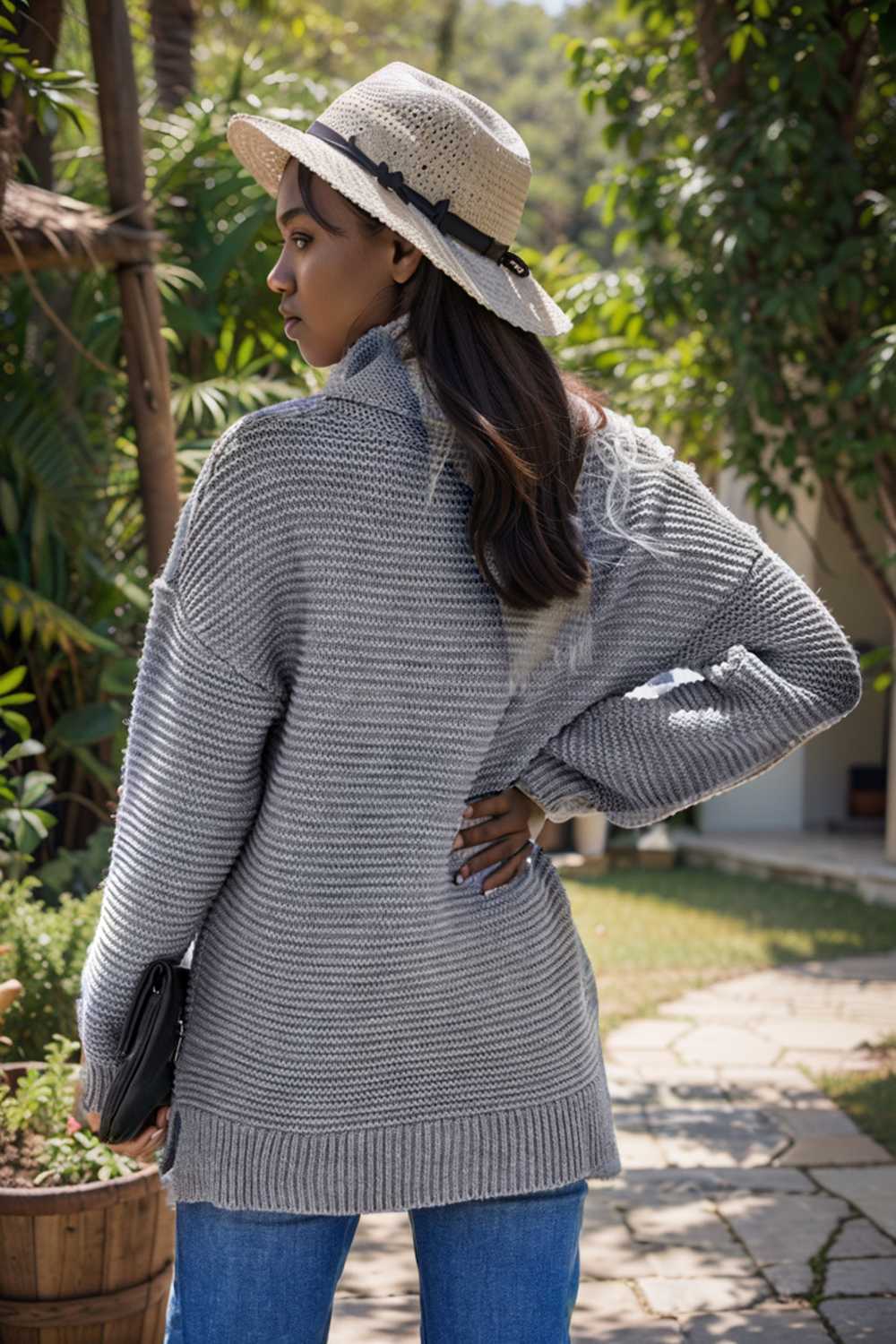 casual chunky knit mock neck long sleeve split pullover sweater 105871