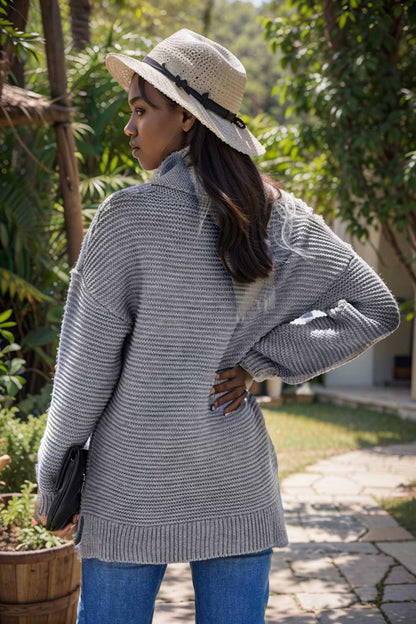 casual chunky knit mock neck long sleeve split pullover sweater 105871