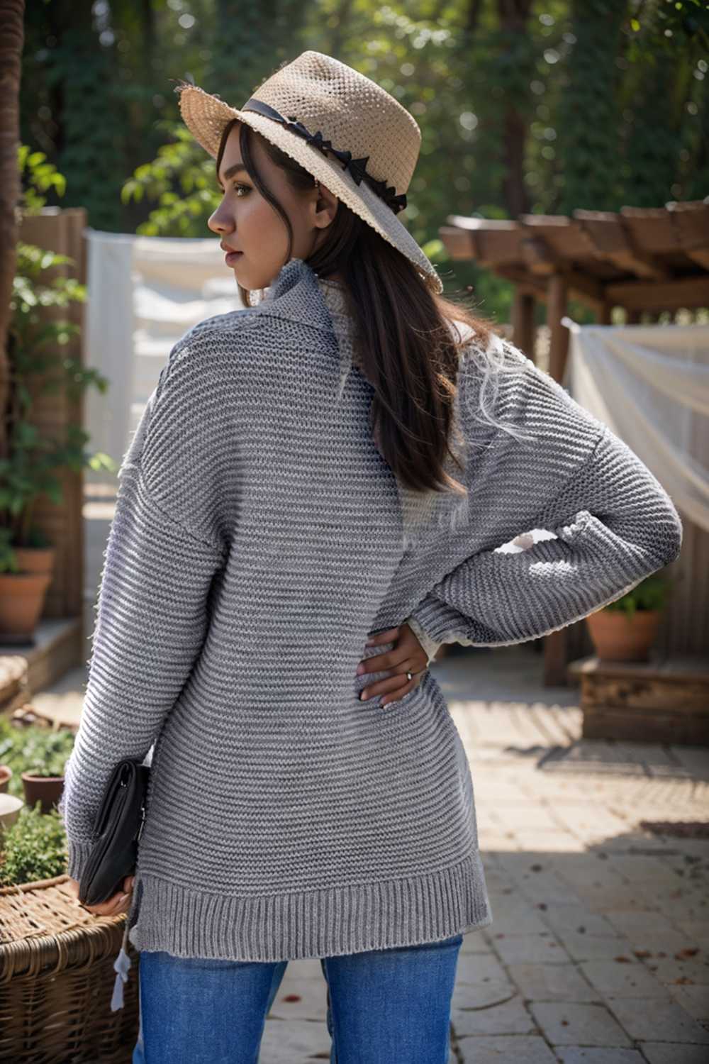 casual chunky knit mock neck long sleeve split pullover sweater 105870